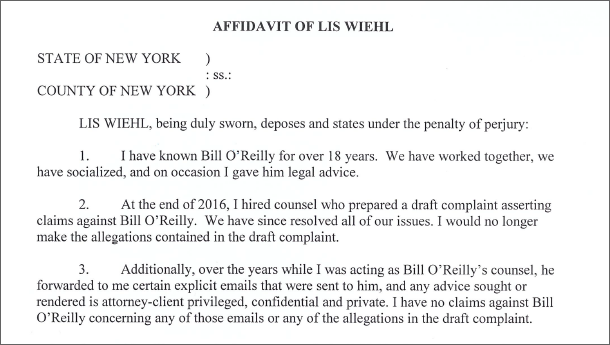 READ: The Sworn Affidavit of Lis Wiehl Repudiating All Allegations Against Bill O'Reilly
